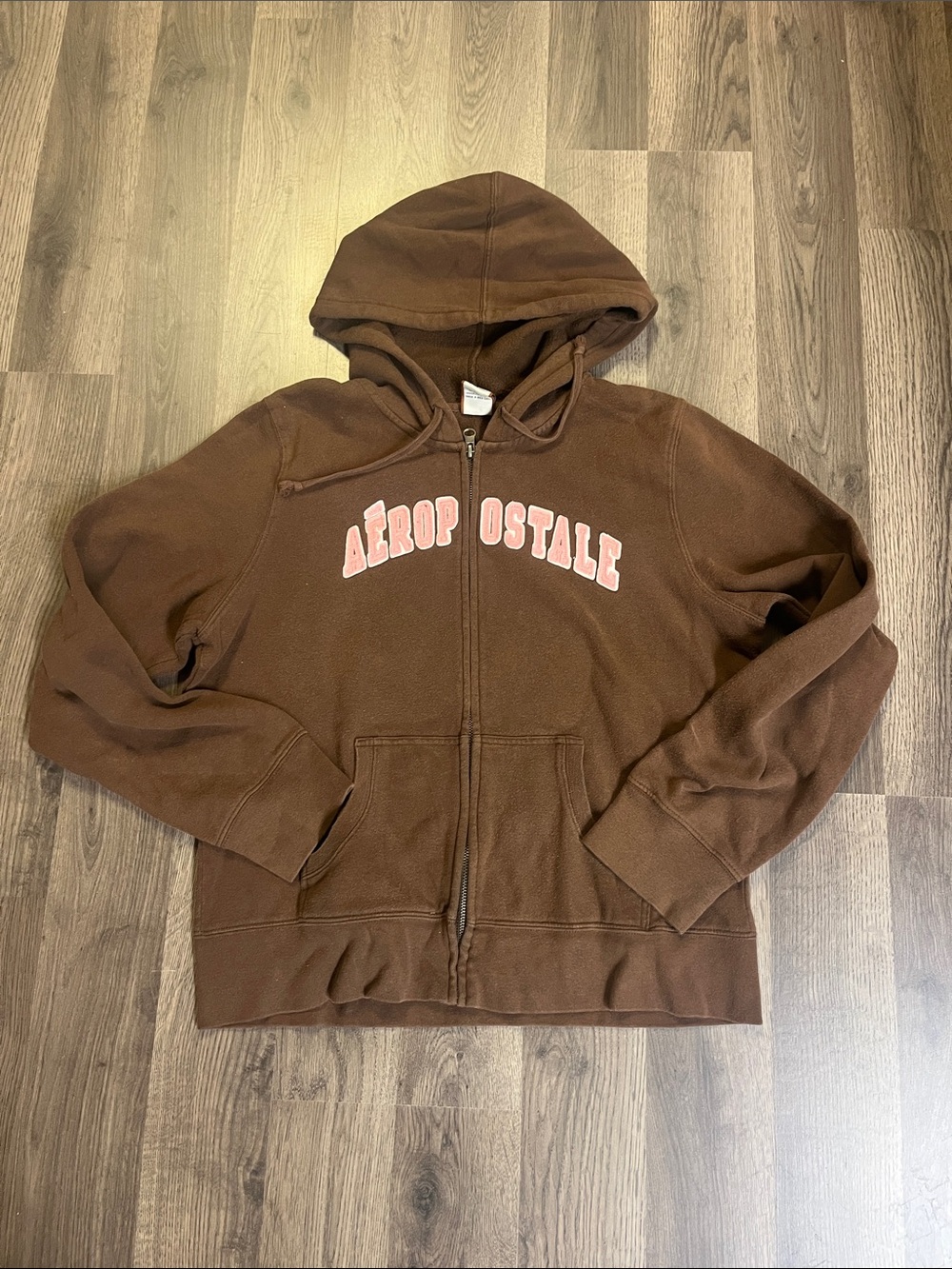Vintage Women’s XL Aéropostale Brown Zip-Up Hoodie with Pink Logo